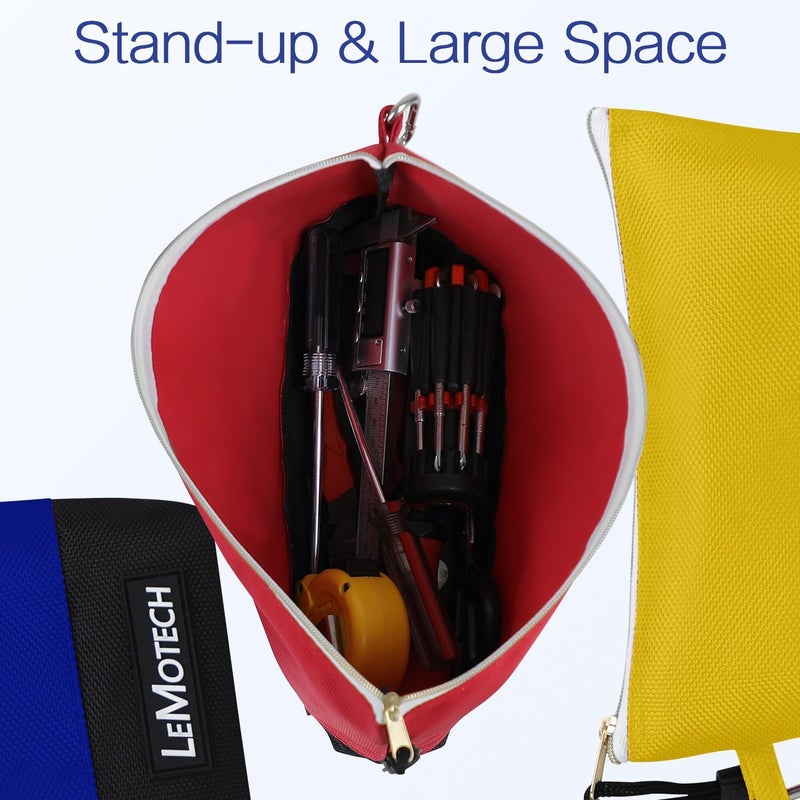 LeMotech Tool Pouches with Zipper, Water Resistant Small Tool Bags, 1680D Oxford Utility Bag for Tool Organizers and Storage, Red/Yellow/Blue 3 Pack - Image 5